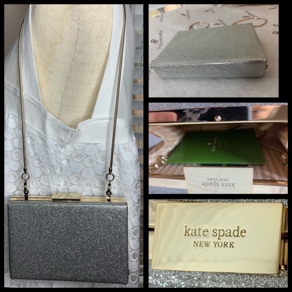 Kate Spade Small Silver Glitter Box Clutch Bag Valentine’s Day Formal Wedding. - Picture 8 of 9